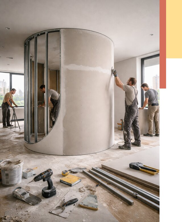 Радиусная перегородка из гипсокартона в Кропоткине от 3149 руб. под ключ | ОТДЕЛОЧНИК-Крп