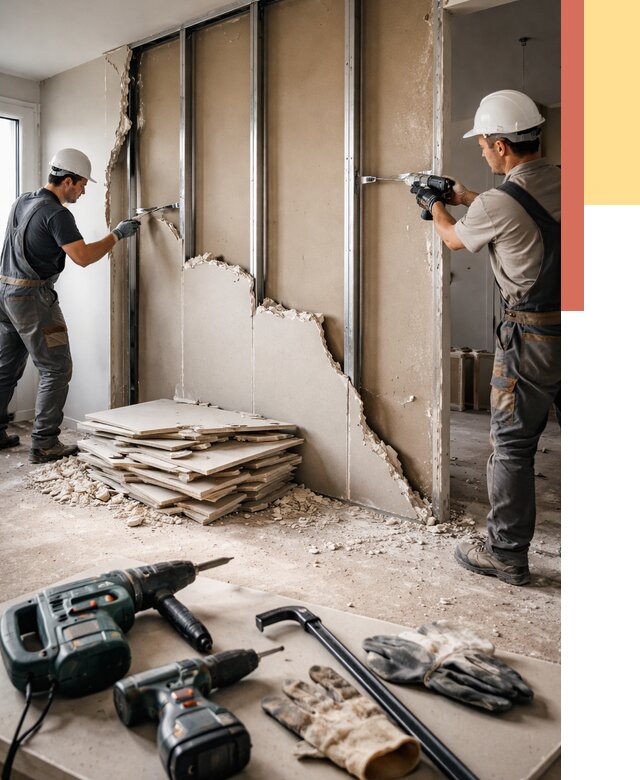 Демонтаж перегородки из гипсокартона в Кропоткине от 1303 руб. быстро и недорого | ОТДЕЛОЧНИК-Крп