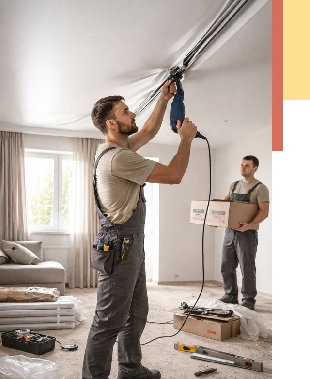 Монтаж сатинового натяжного потолка в Кропоткине от 3801 руб. | Быстро, недорого — ОТДЕЛОЧНИК-Крп