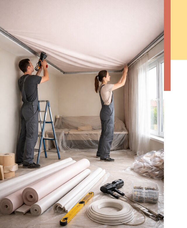 Монтаж цветного натяжного потолка в Кропоткине от 4561 руб/м² — быстро и недорого | ОТДЕЛОЧНИК-Крп