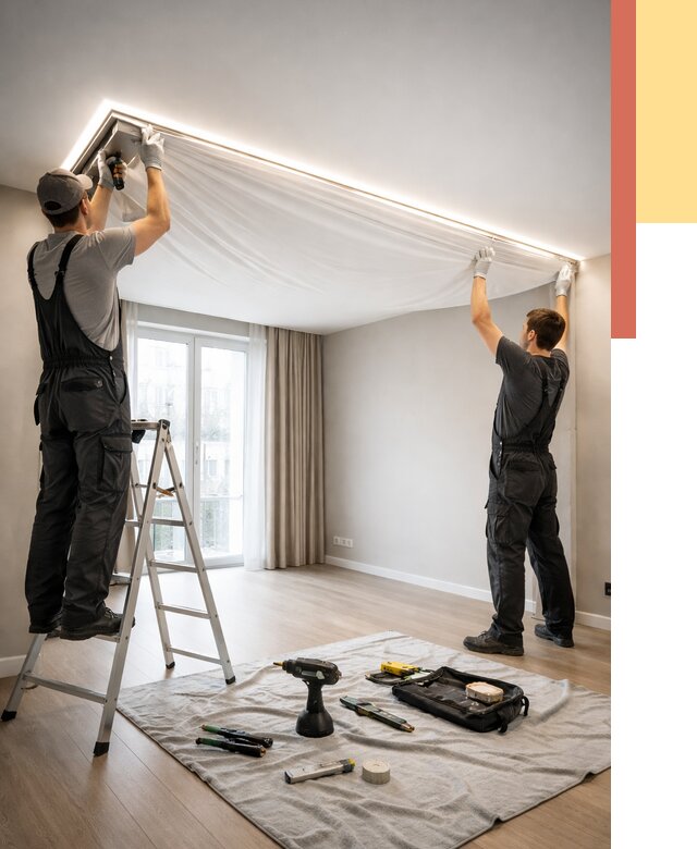 Монтаж парящего натяжного потолка в Кропоткине от 4887 руб. быстро и недорого | ОТДЕЛОЧНИК-Крп