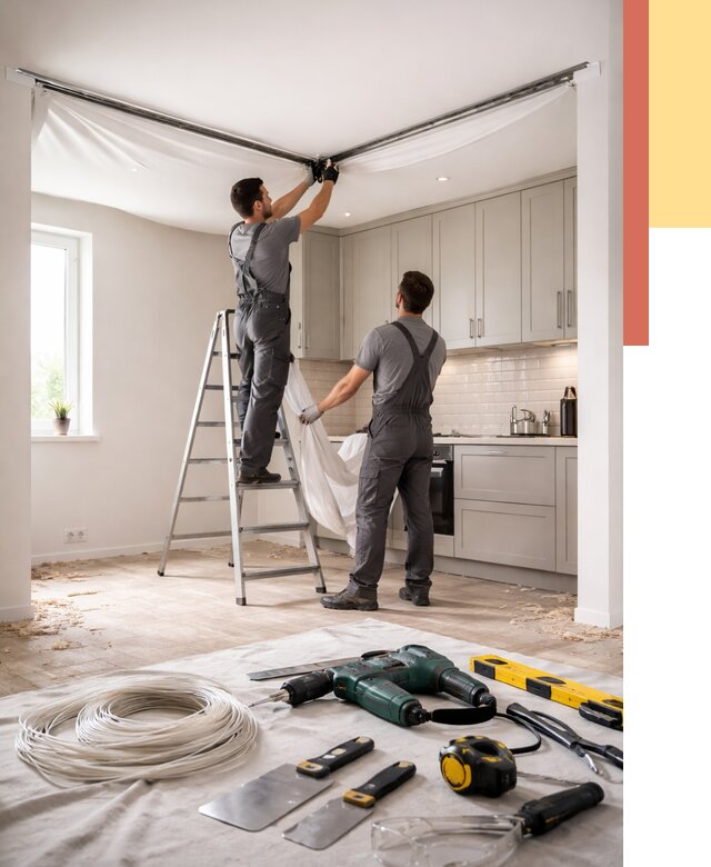 Установка натяжного потолка на кухне в Кропоткине от 2606 руб. | ОТДЕЛОЧНИК-Крп