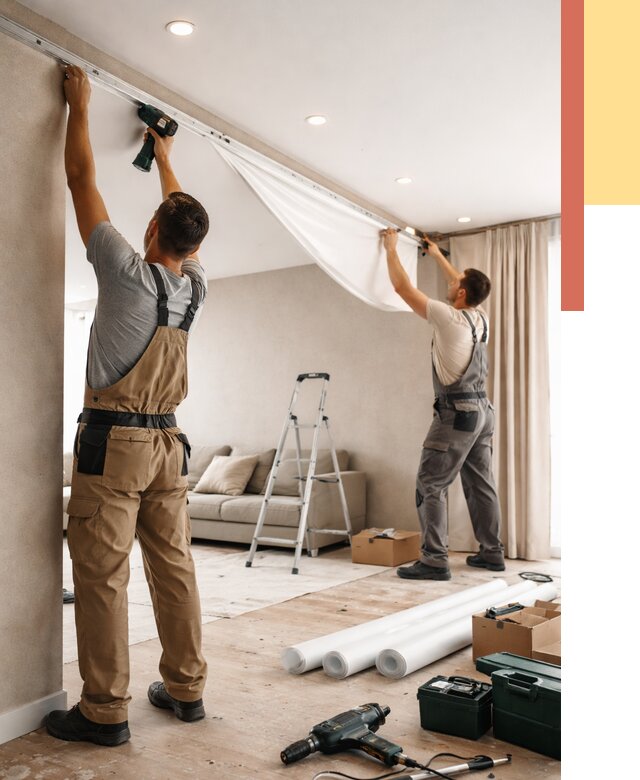 Монтаж натяжного потолка в гостиной в Кропоткине от 597 руб. | ОТДЕЛОЧНИК-Крп