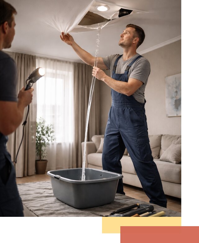 Слив воды с натяжного потолка в Кропоткине быстро и аккуратно