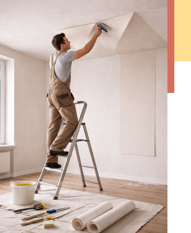 Поклейка обоев на потолок в Кропоткине от 4887 руб. быстро и недорого | ОТДЕЛОЧНИК-Крп